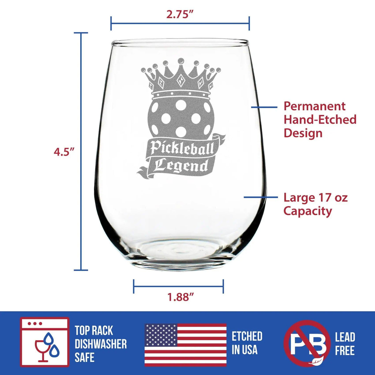 Etched Stemless Wine Glass | 17 oz | Dishwasher Safe | Pickleball Legend Engraved