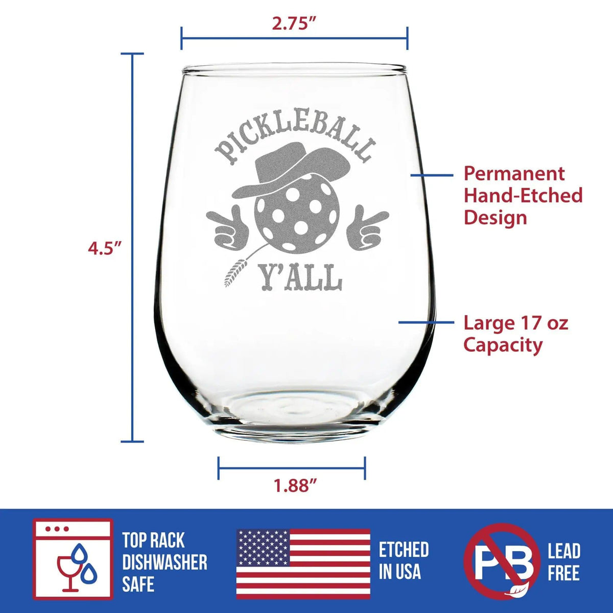 Etched Stemless Wine Glass | 17 oz | Dishwasher Safe | Pickleball Y'all Engraved