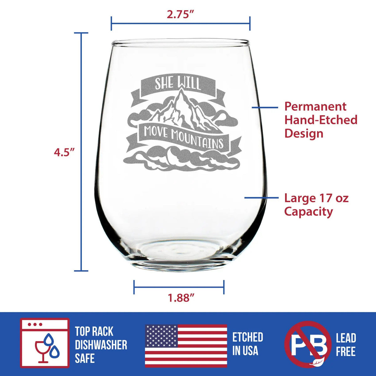 Stemless Wine Glass | Hand Etched Design | 17 Ounce