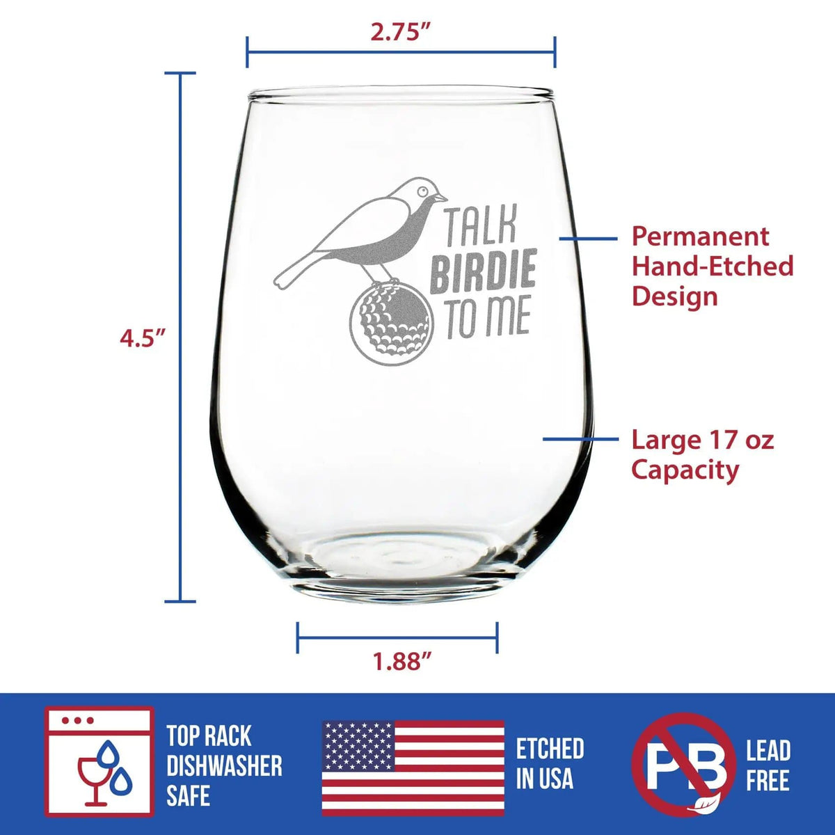 Etched Stemless Wine Glass | 17 oz | Dishwasher Safe | Golf Gifts Engraved