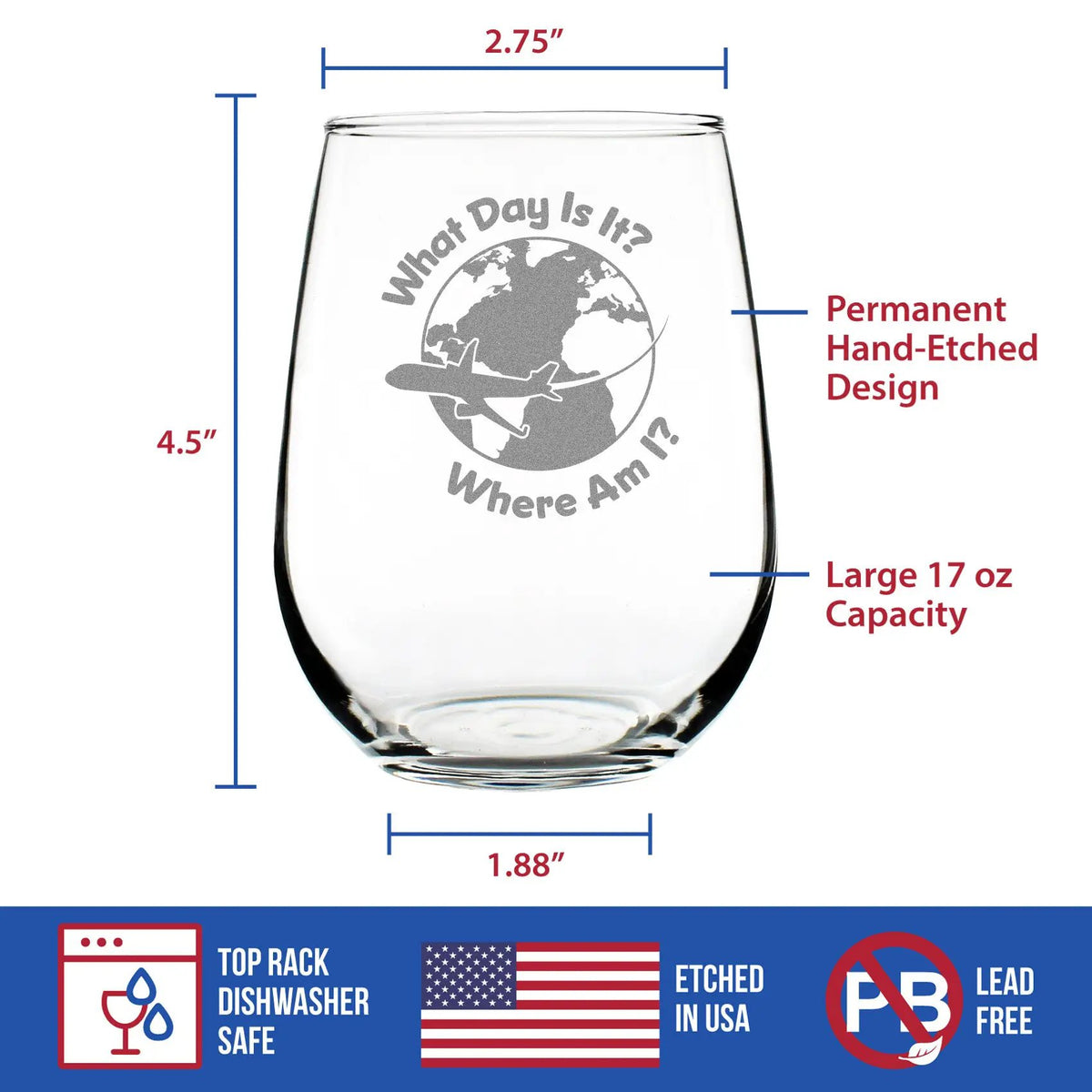 Stemless Wine Glass | 17 Ounce | Hand Etched | Dishwasher Safe