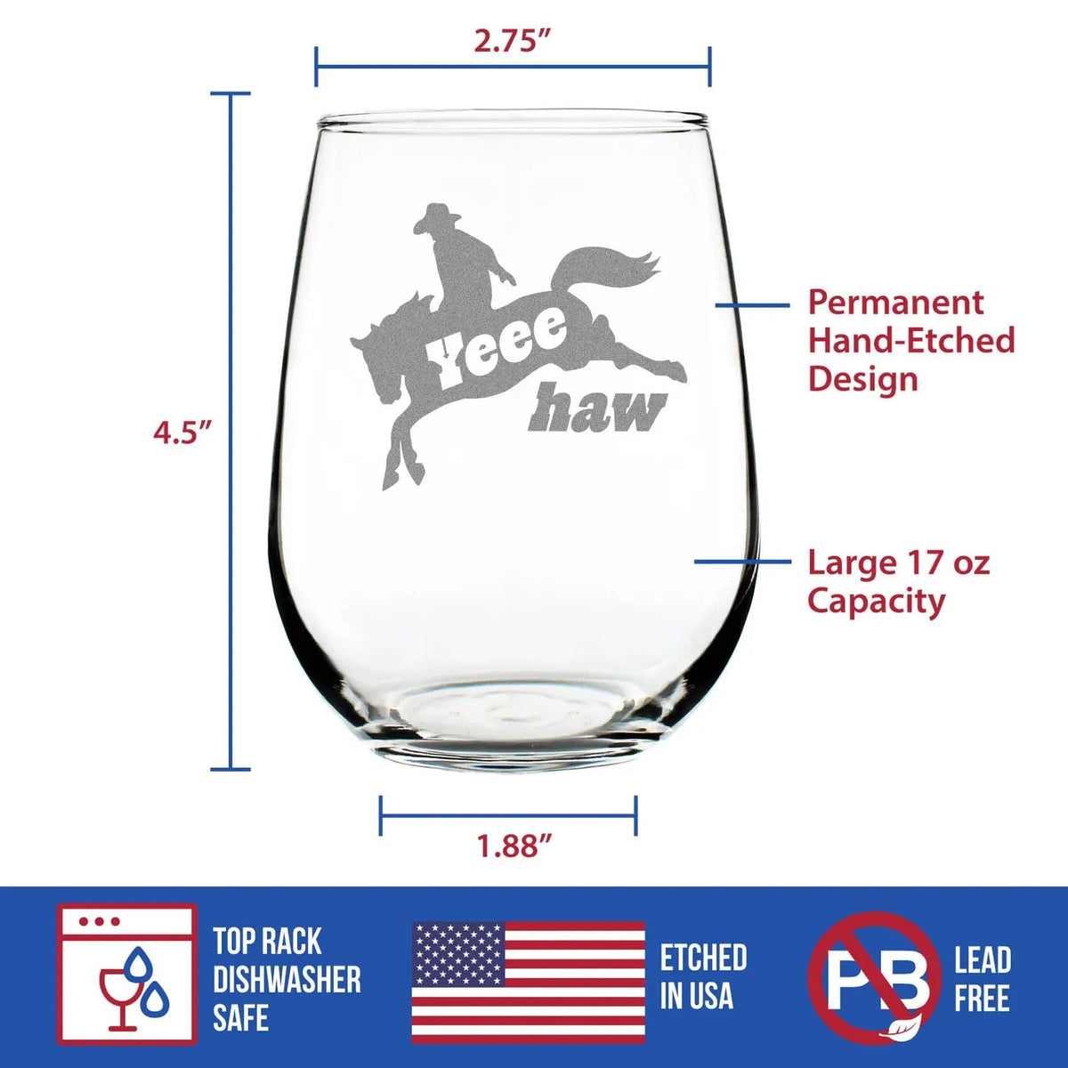 Etched Stemless Wine Glass | 17 oz | Dishwasher Safe | Yeehaw Engraved