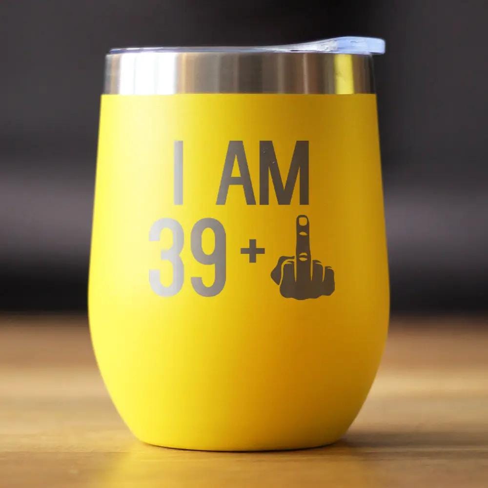 Insulated Stemless Wine Tumbler | 12 oz Stainless Steel | Sliding Lid | 39 + 1 Middle Finger