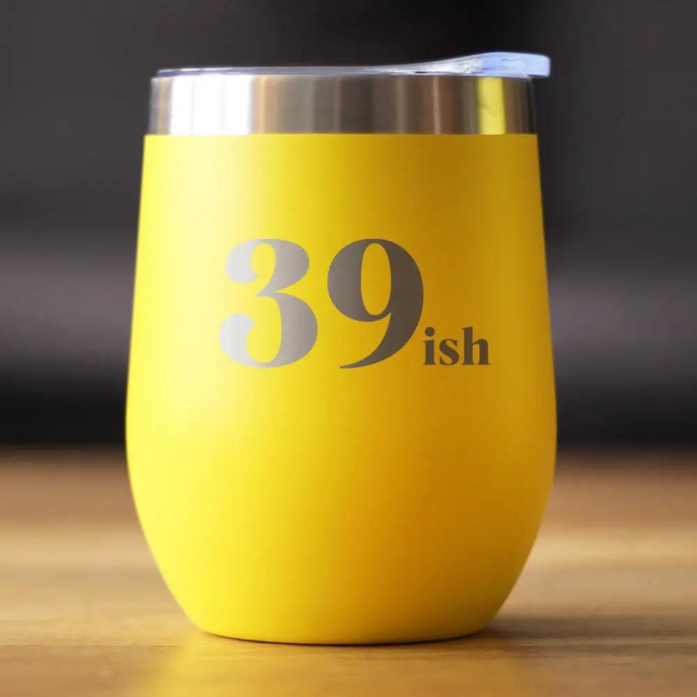 Insulated Stemless Wine Tumbler | 12 oz Stainless Steel | Sliding Lid | 39ish - Funny 40th Birthday