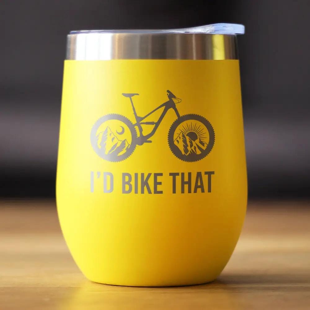 Insulated Stemless Wine Tumbler | 12 oz Stainless Steel | Sliding Lid | I'd Bike That