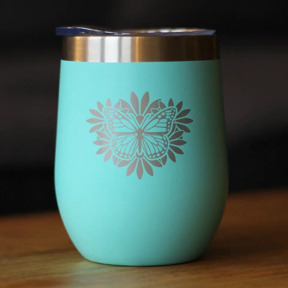 Insulated Stemless Wine Tumbler | 12 oz Stainless Steel | Sliding Lid | Butterfly