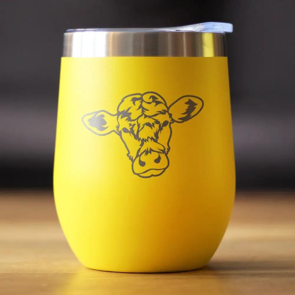 Insulated Stemless Wine Tumbler | 12 oz Stainless Steel | Sliding Lid | Cow Face