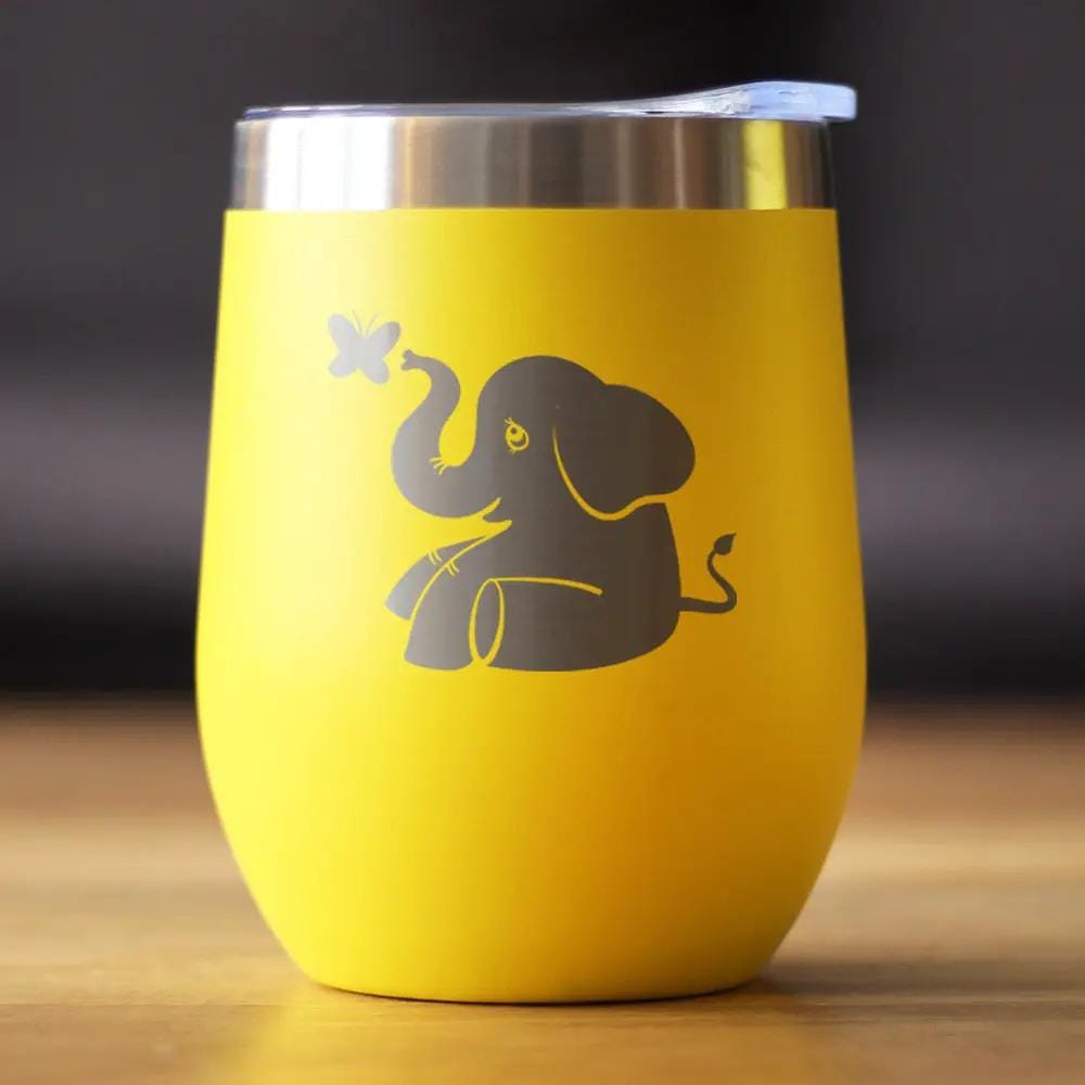 Insulated Stemless Wine Tumbler | 12 oz Stainless Steel | Sliding Lid | Cute Elephant