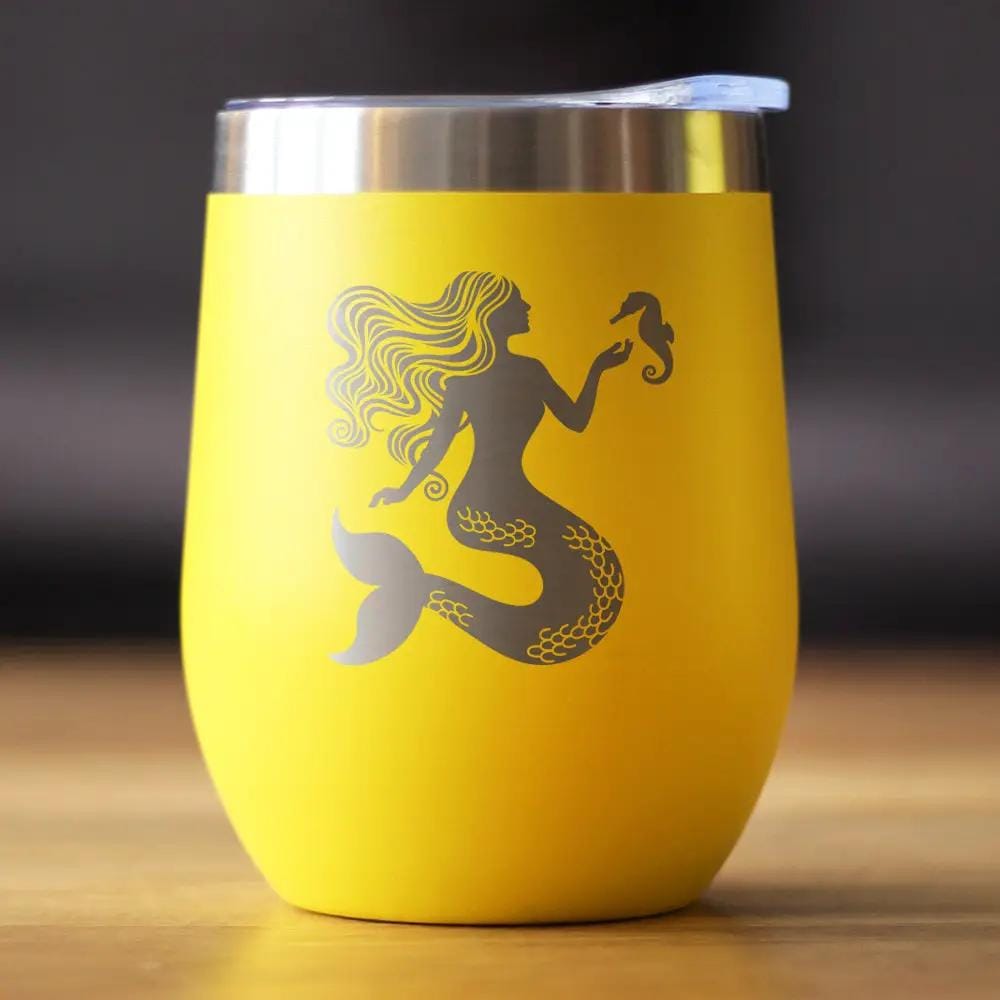 Insulated Stemless Wine Tumbler | 12 oz Stainless Steel | Sliding Lid | Mermaid