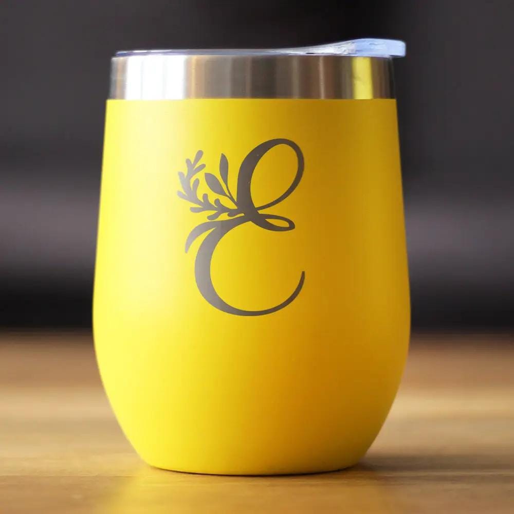 Insulated Stemless Wine Tumbler | 12 oz Stainless Steel | Sliding Lid | Monogram Floral Initial Letter E