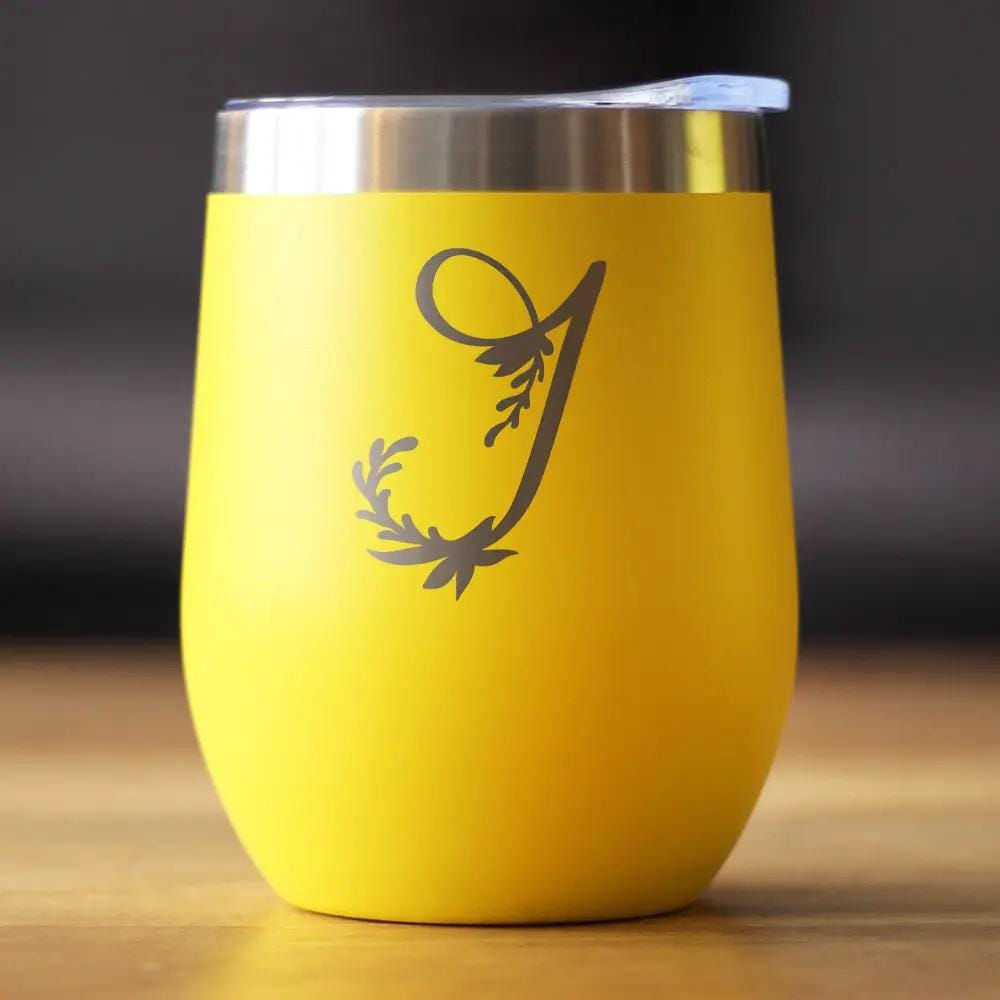 Insulated Stemless Wine Tumbler | 12 oz Stainless Steel | Sliding Lid | Monogram Floral Initial Letter J