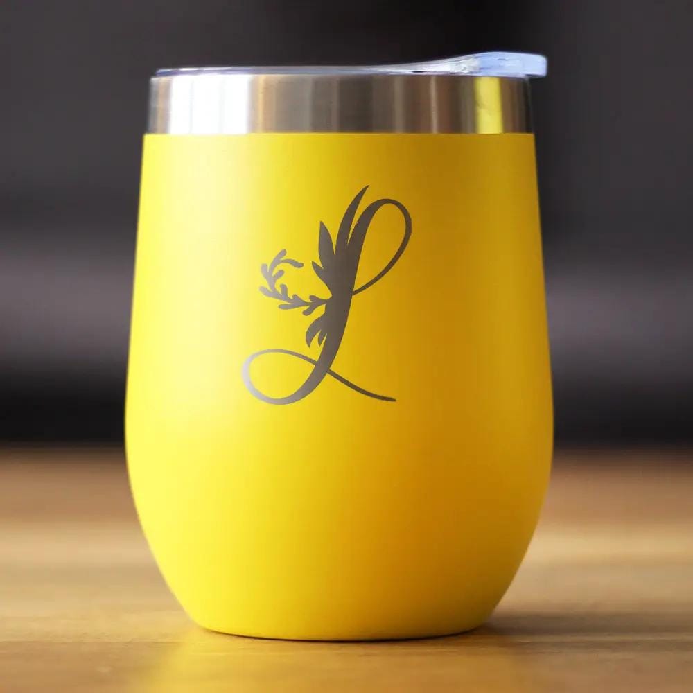 Insulated Stemless Wine Tumbler | 12 oz Stainless Steel | Sliding Lid | Monogram Floral Initial Letter L