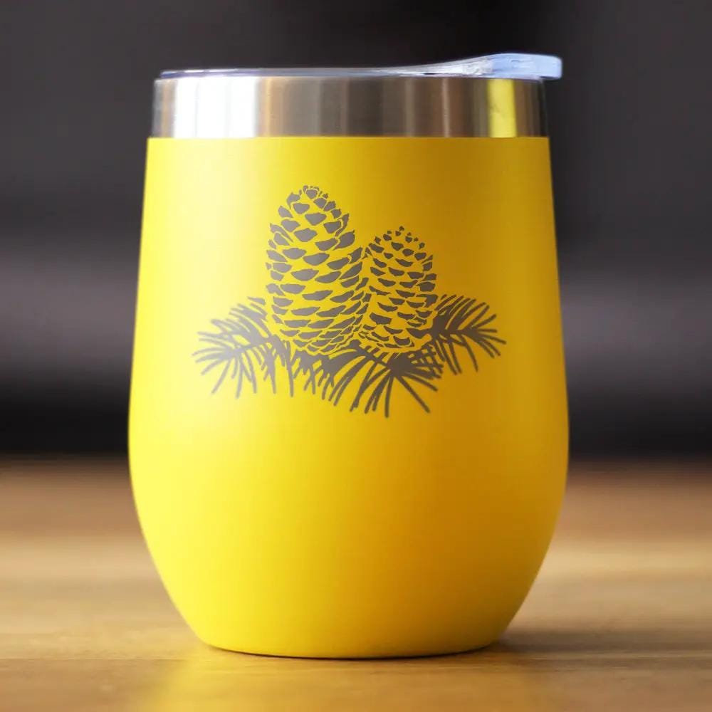 Insulated Stemless Wine Tumbler | 12 oz Stainless Steel | Sliding Lid | Pinecones - Cute Rustic and Cabin Themed Decorations