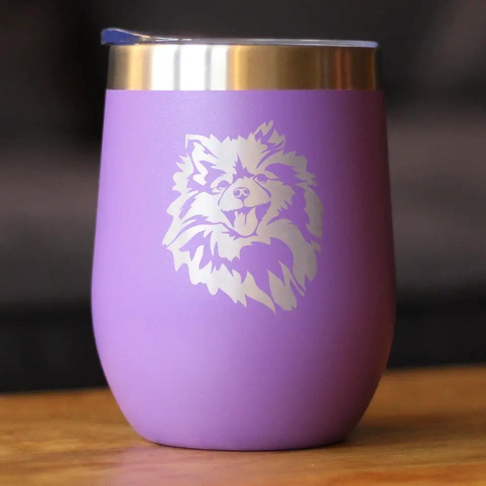 Insulated Stemless Wine Tumbler | 12 oz Stainless Steel | Sliding Lid | Pomeranian Face