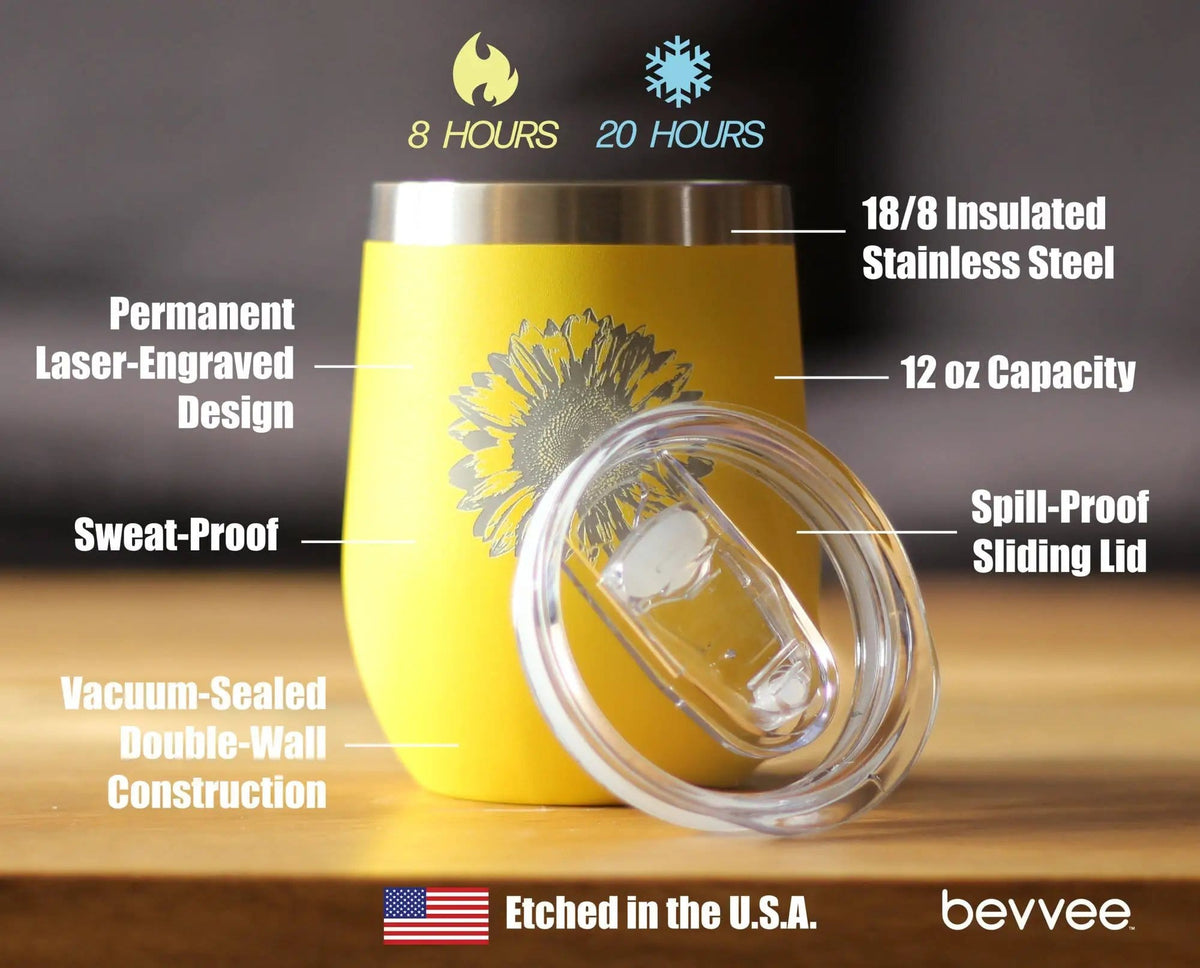 Insulated Stemless Wine Tumbler | 12 oz Stainless Steel | Sliding Lid | Sunflower