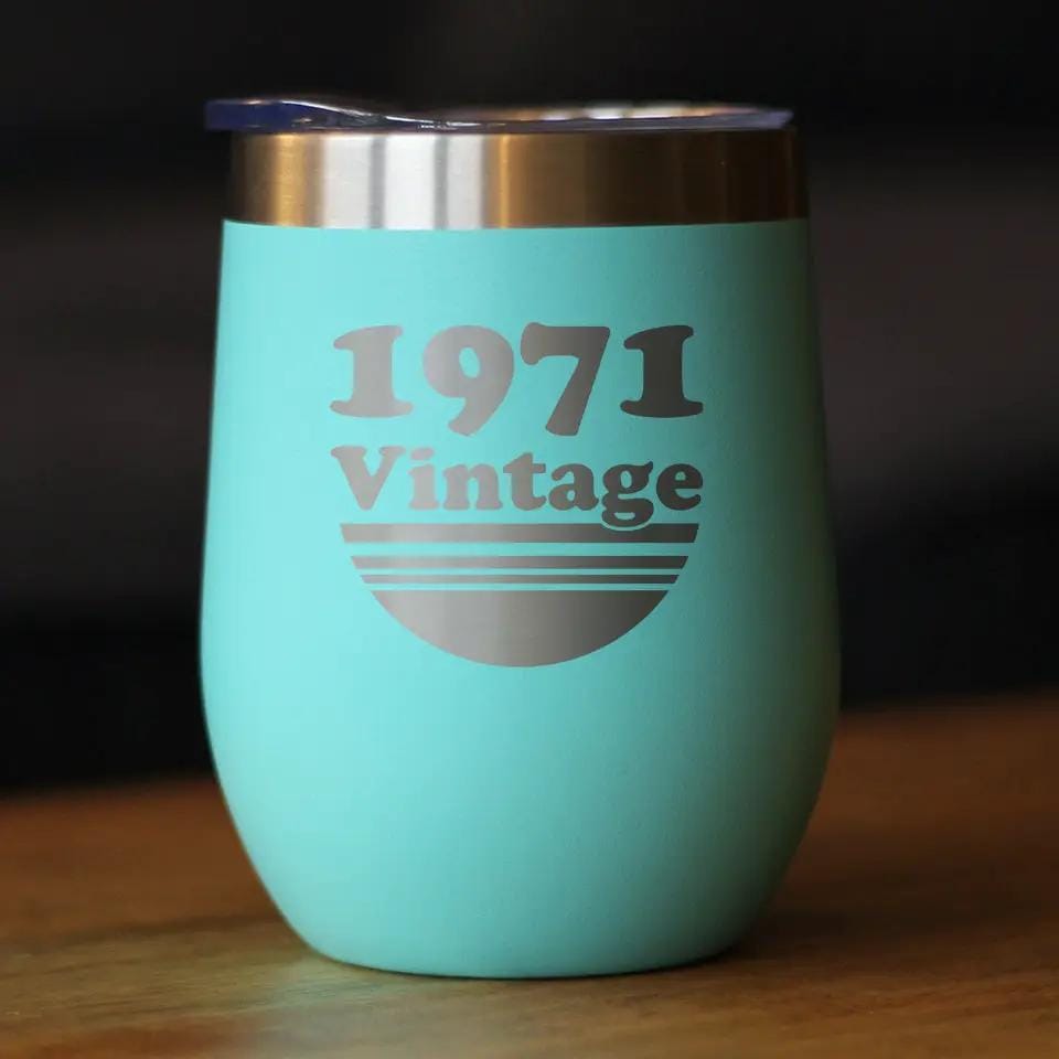 Insulated Stemless Wine Tumbler | 12 oz Stainless Steel | Sliding Lid | Vintage 1971