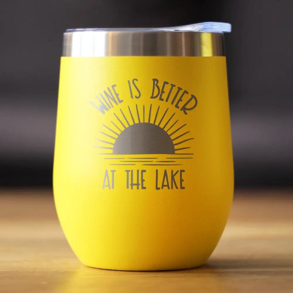 Insulated Stemless Wine Tumbler | 12 oz Stainless Steel | Sliding Lid | Wine is Better at the Lake