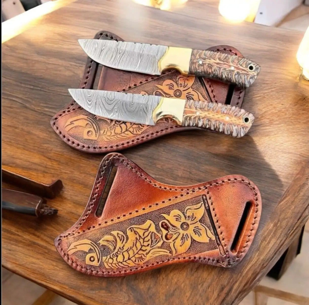 Western Cowboy Knife Handmade Damascus Steel Blade with Pine Cone Resin & Brass | 9 Inch | Damascus Steel | Home