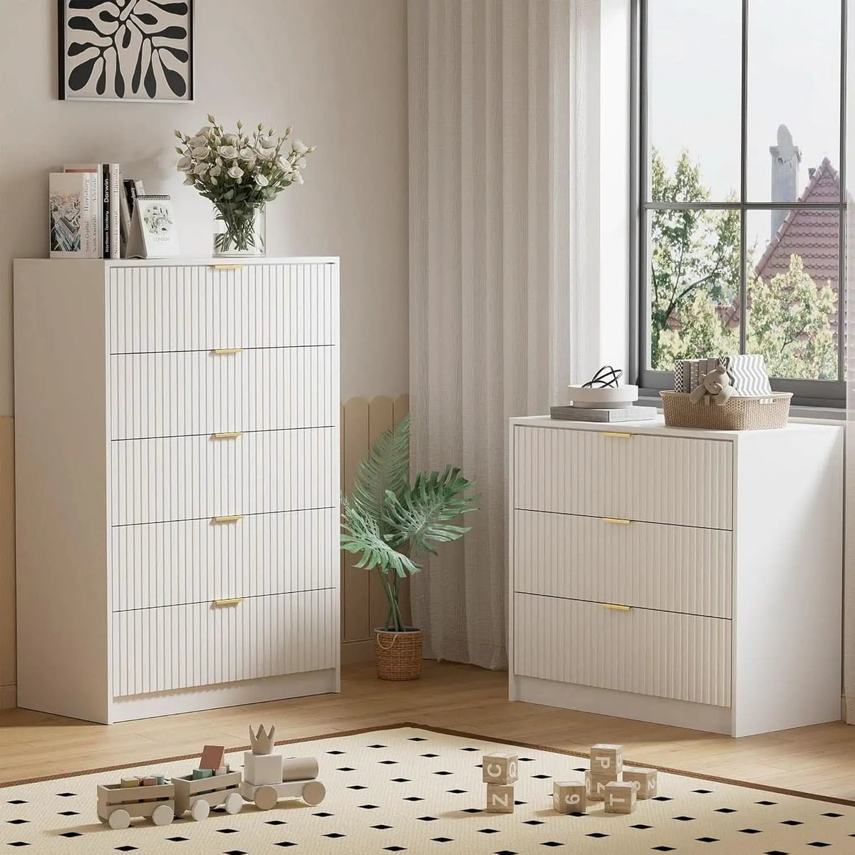 White Contemporary Dresser With Three Drawers And Fluted Panels from PriceLows™