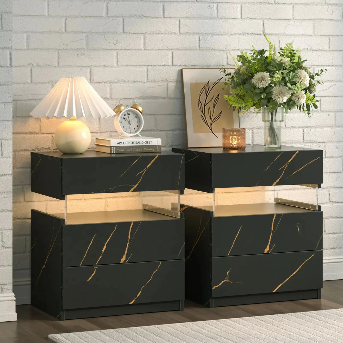 Cubehom Bedside Tables 2 Set with LED Lighting White Bedside Table with 3 Drawers Bedside Table for Bedroom from PriceLows™