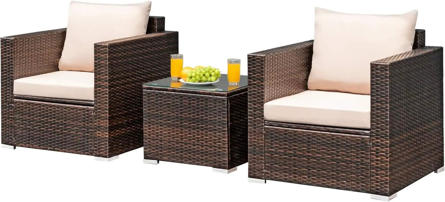 3 Piece Outdoor Patio Furniture Set Rattan Wicker With Washable Cushions And Tempered Glass Tabletop from PriceLows™