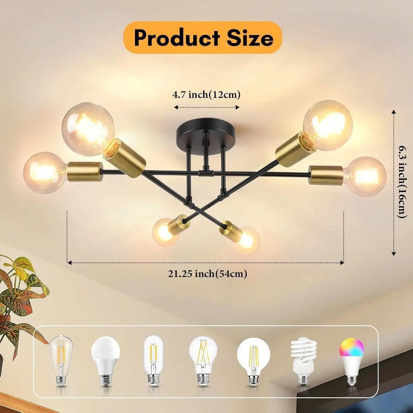 Modern Sputnik Chandelier 6 Light Black Gold Flush Mount from PriceLows™
