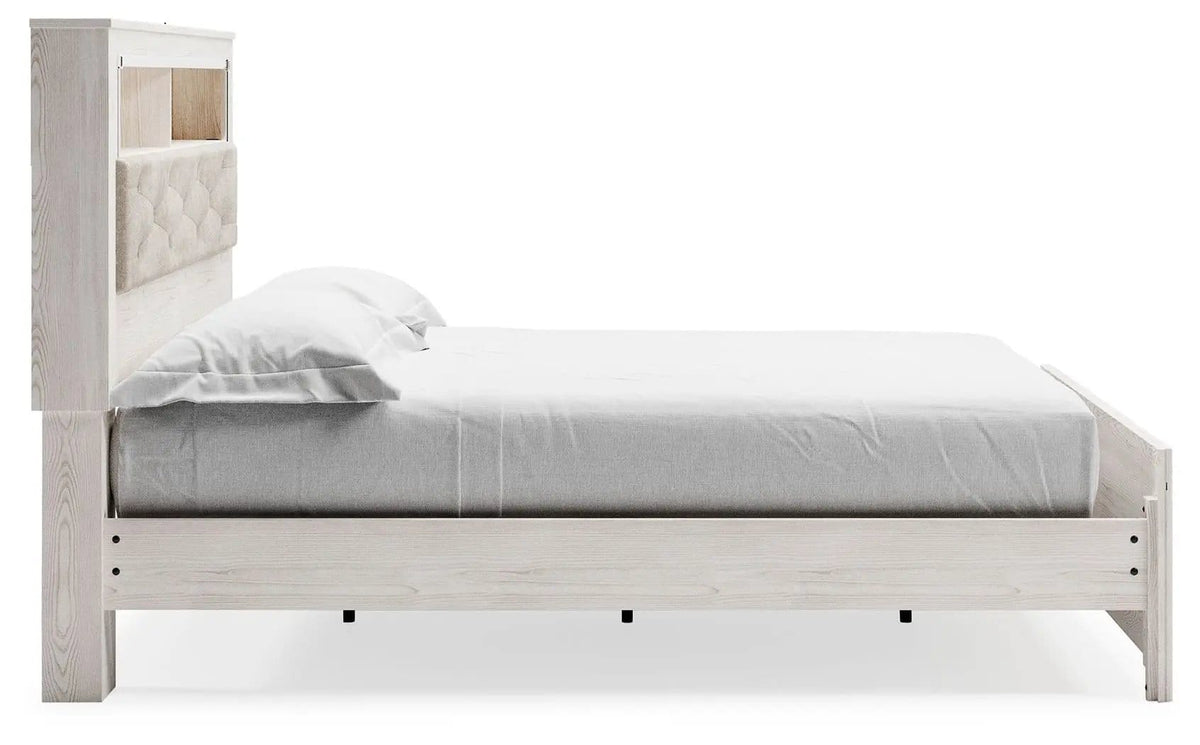 Altyra King Bookcase Panel Bed | Storage Bed | Engineered Wood & Polyester | White