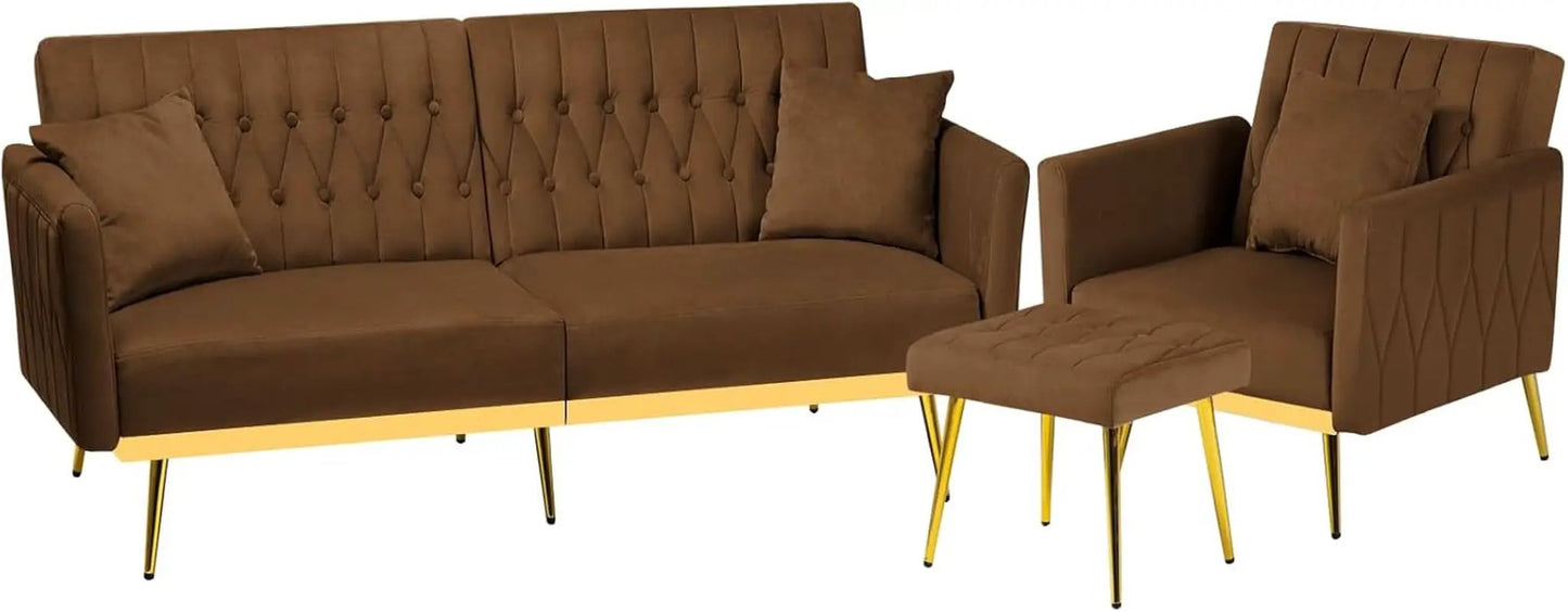 2 Piece Velvet Sofa Set With Adjustable Armrests, 70 Inch Convertible Futon Sofa Bed, Brown from PriceLows™