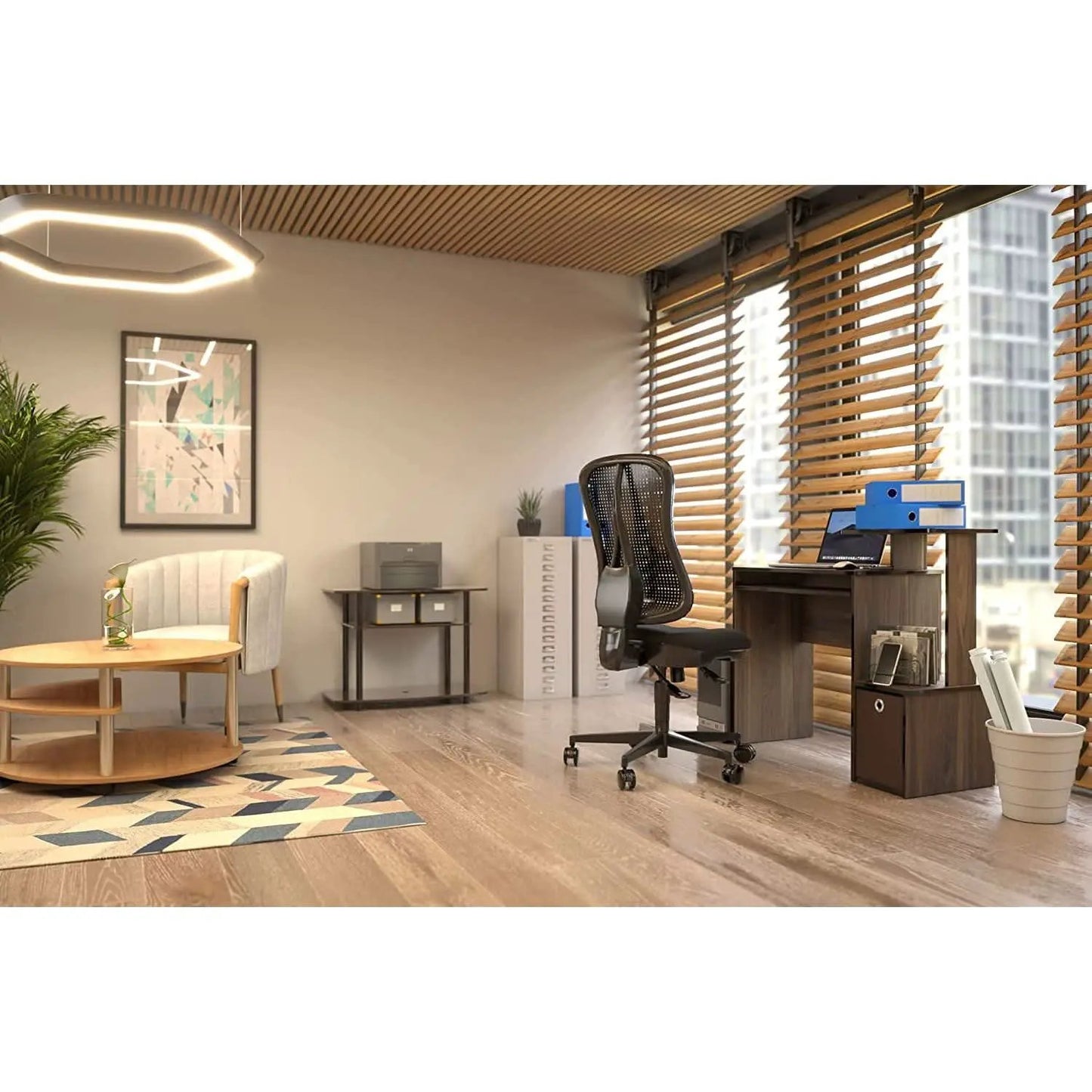 Walnut Compact Desk With Keyboard Tray And Shelves from PriceLows™