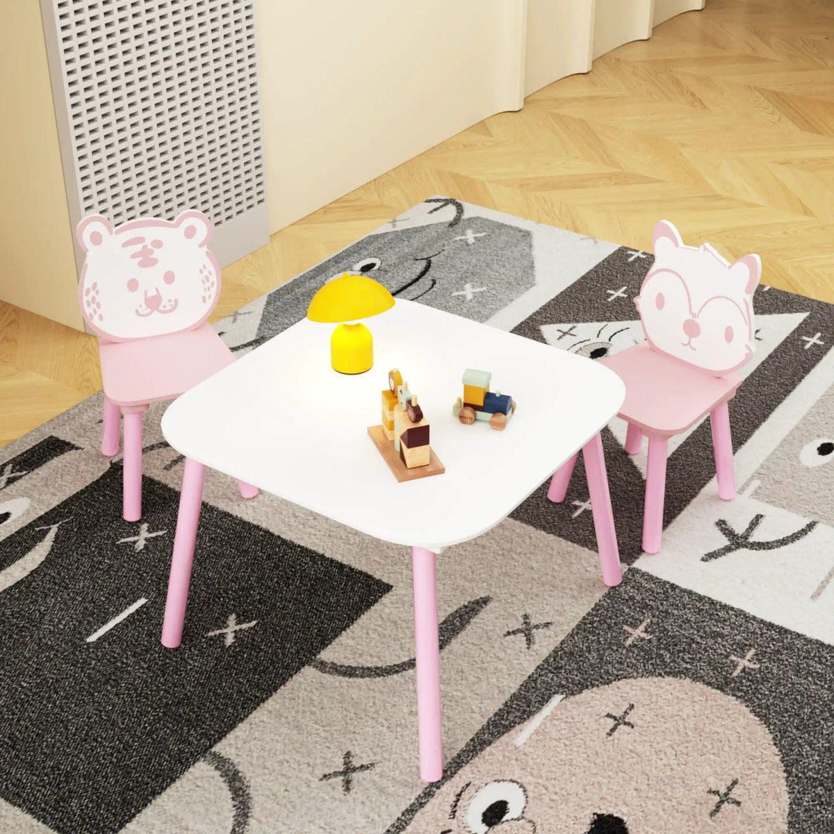 Table And Chair Set, 3 Piece Wooden Toddler Desk With Animal Backrest Pink / | 3-Piece Set | Mdf | White