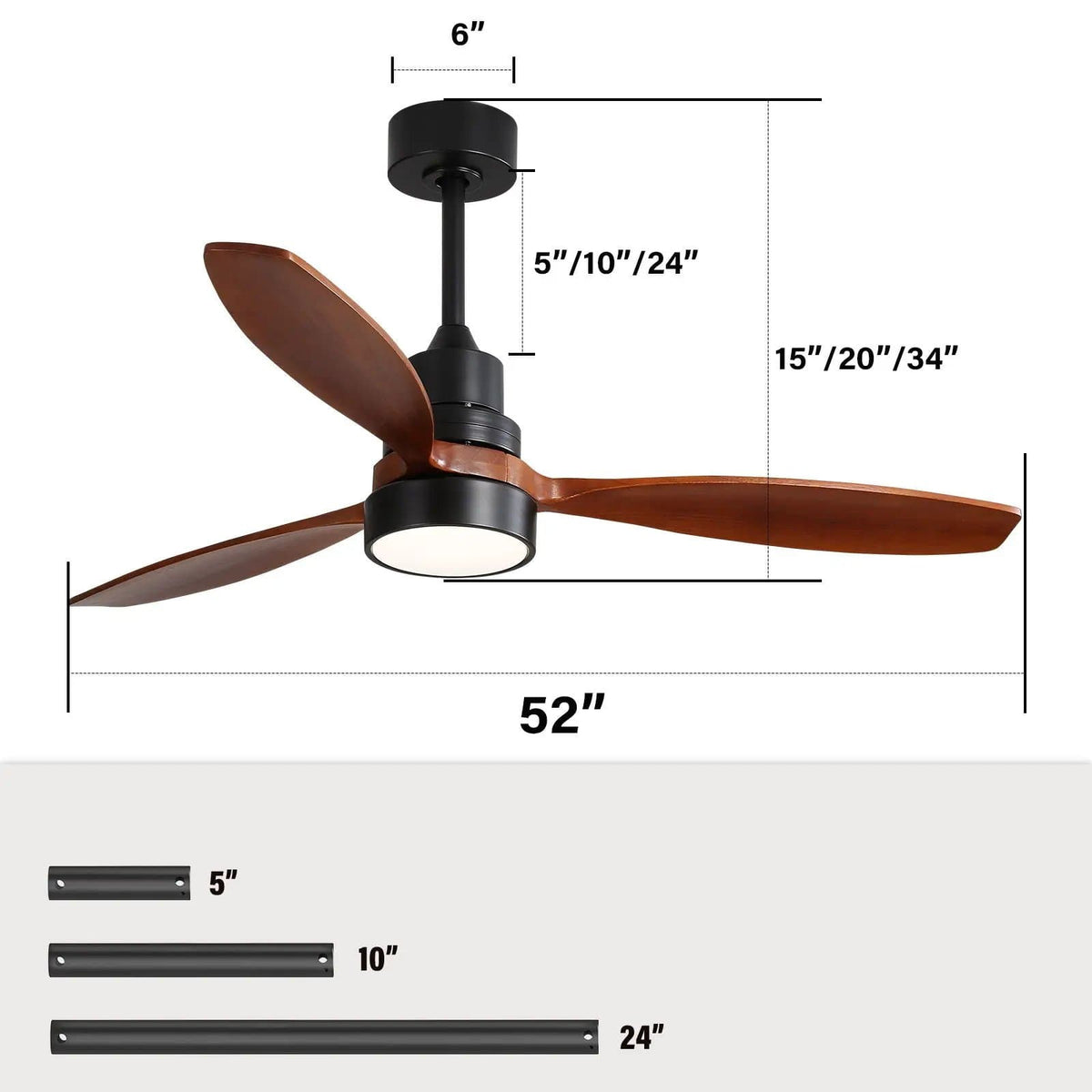 Ceiling Fan With Reversible DC Motor, LED Light, Solid Blades, Remote Control | 52 x 52 x 15 in | Solid Wood & Metal | Home