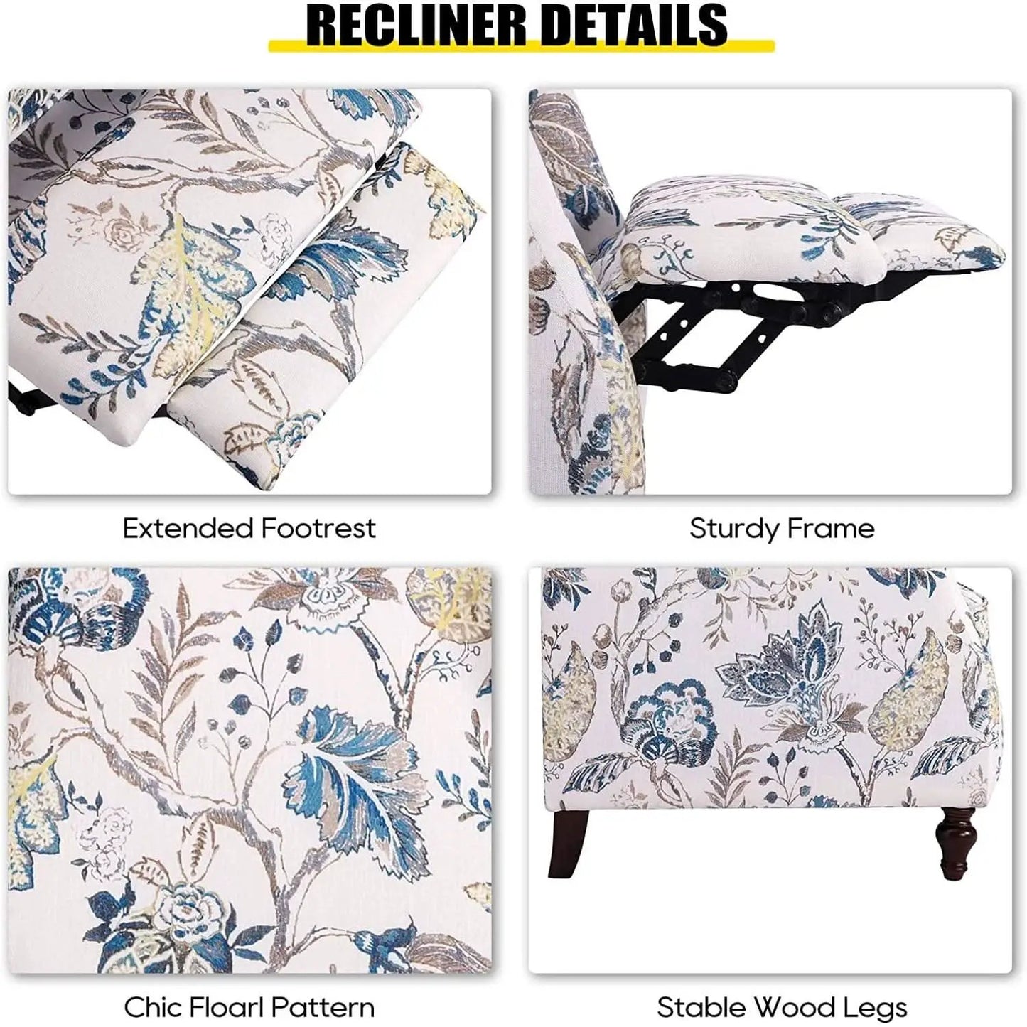 Upholstered Wingback Recliner Chair Blue Floral Elegant from PriceLows™