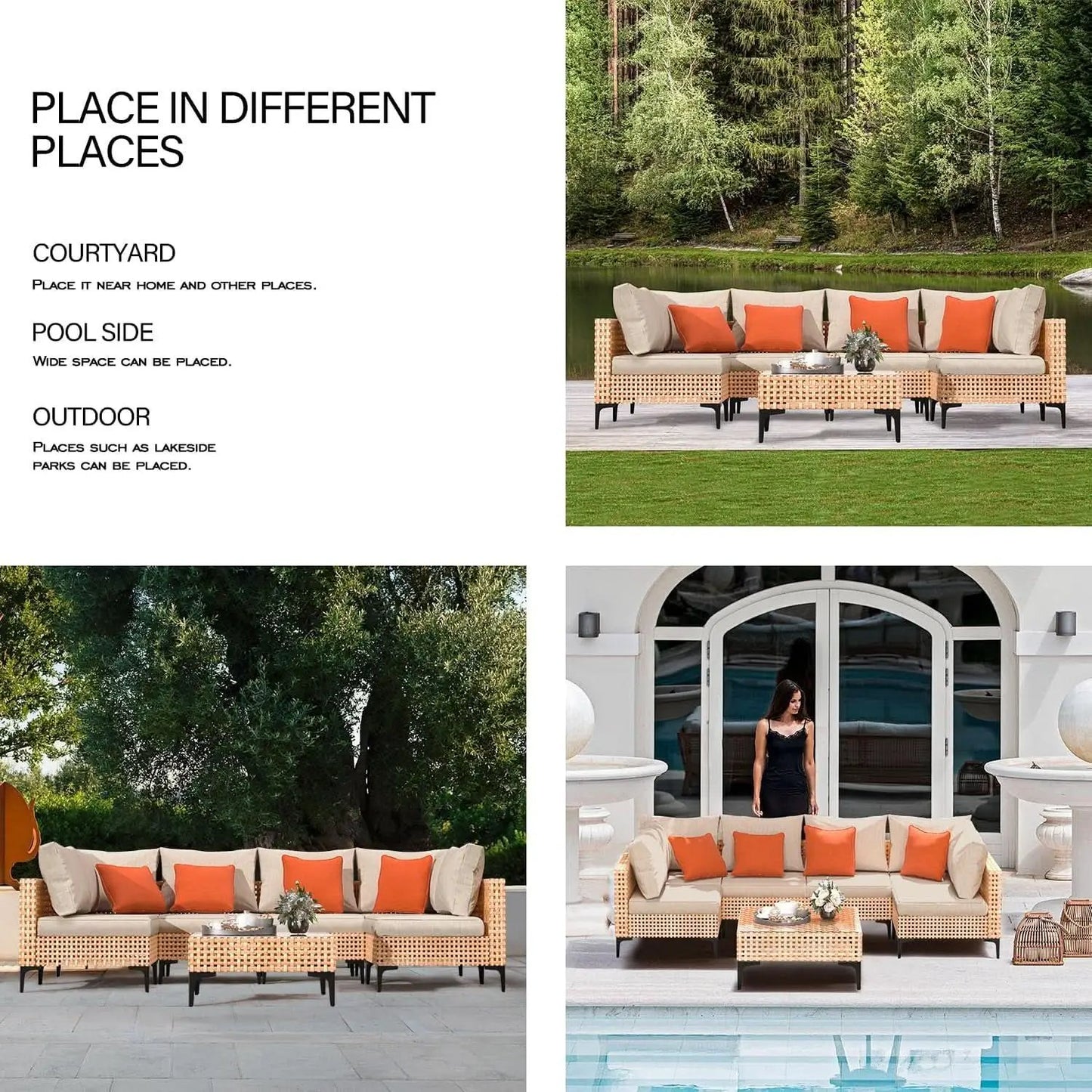 5 Piece Outdoor Patio Set Salmon Orange Wicker Sectional from PriceLows™
