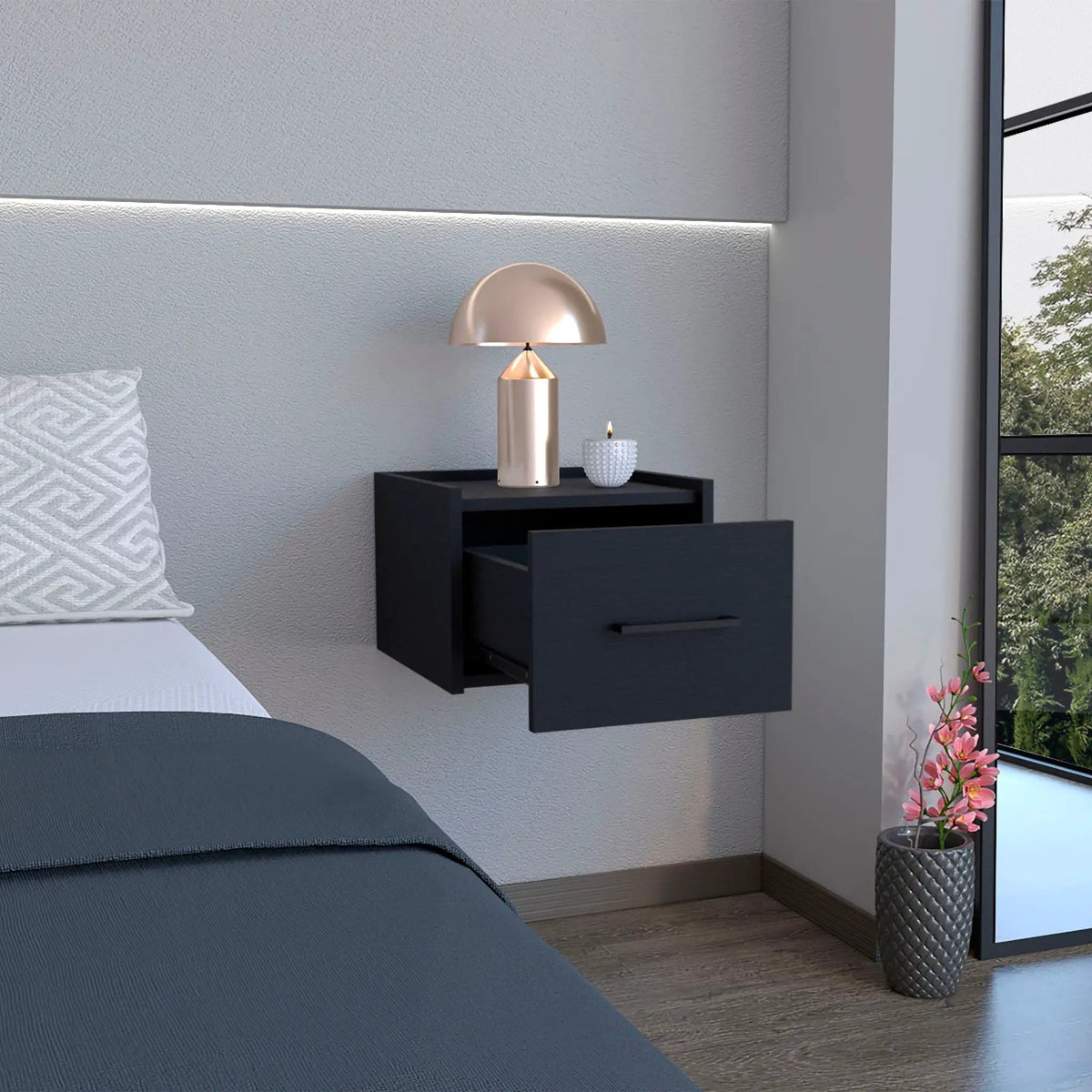 Floating Nightstand, Space Saving Design With Handy Drawer And Surface - | 13.2 x 13.8 x 9.8 in | Wood | Black