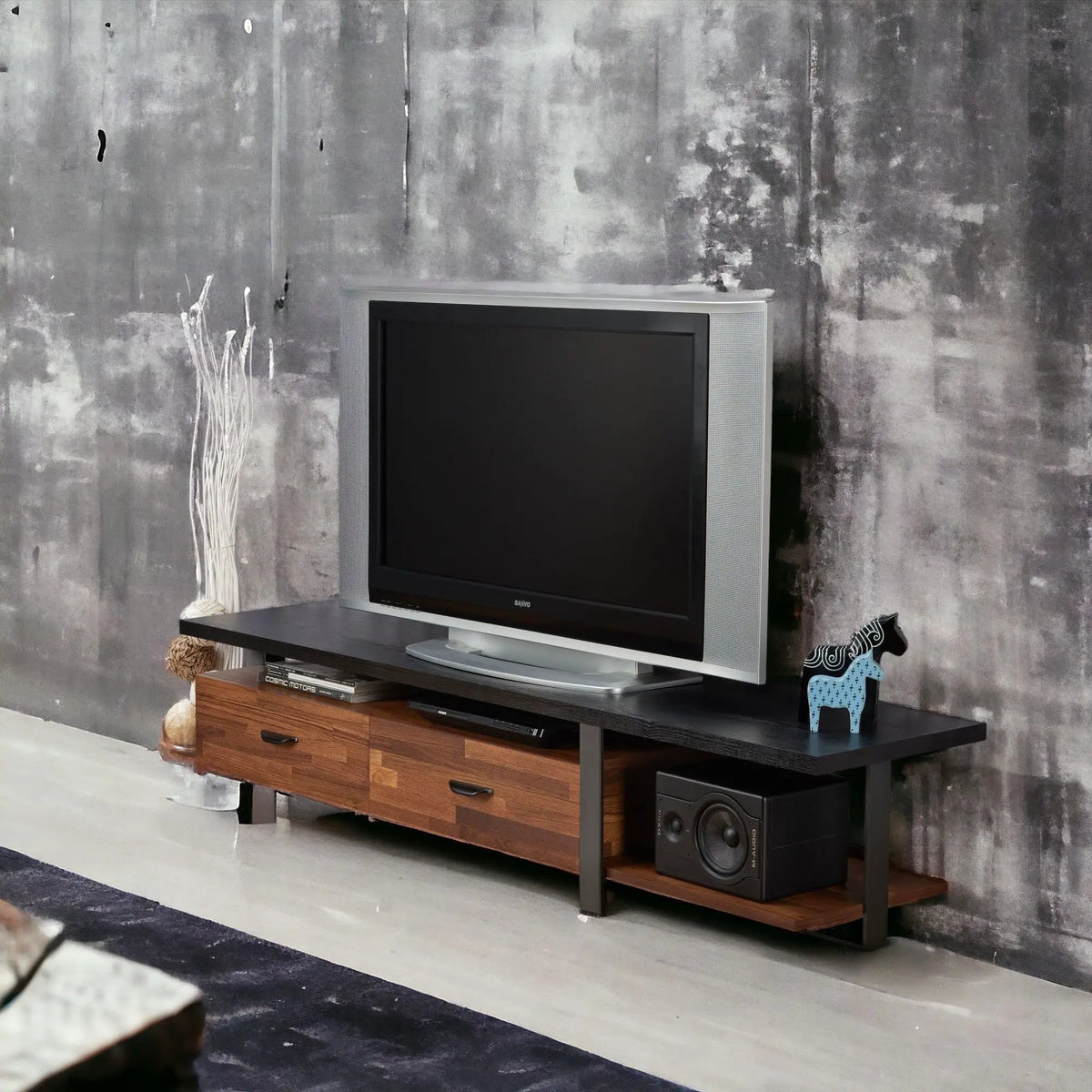 Elling TV Stand | Walnut And Black | Fits TVs Up To 55 Inch | Ball-Bearing Drawer Glides