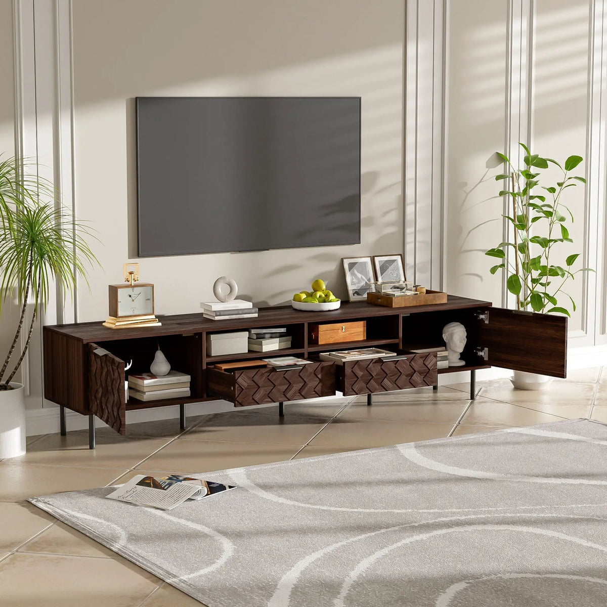 85 Inch TV Stand | Closed Storage | 3D Diamond Interwoven Pattern | Soft Closing Hinges