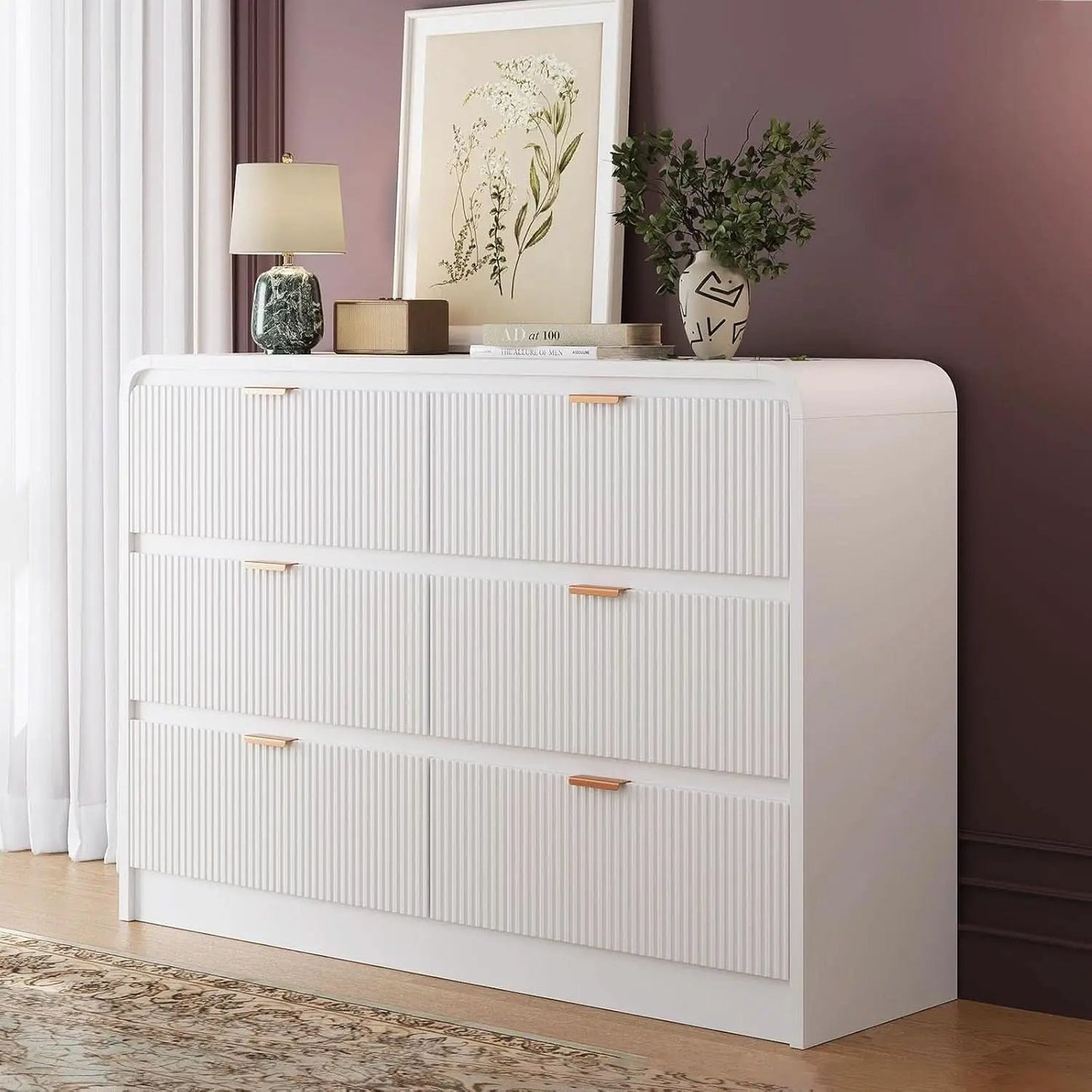 Fluted 6 Drawer Dresser 54 Inch White Solid Wood Storage from PriceLows™