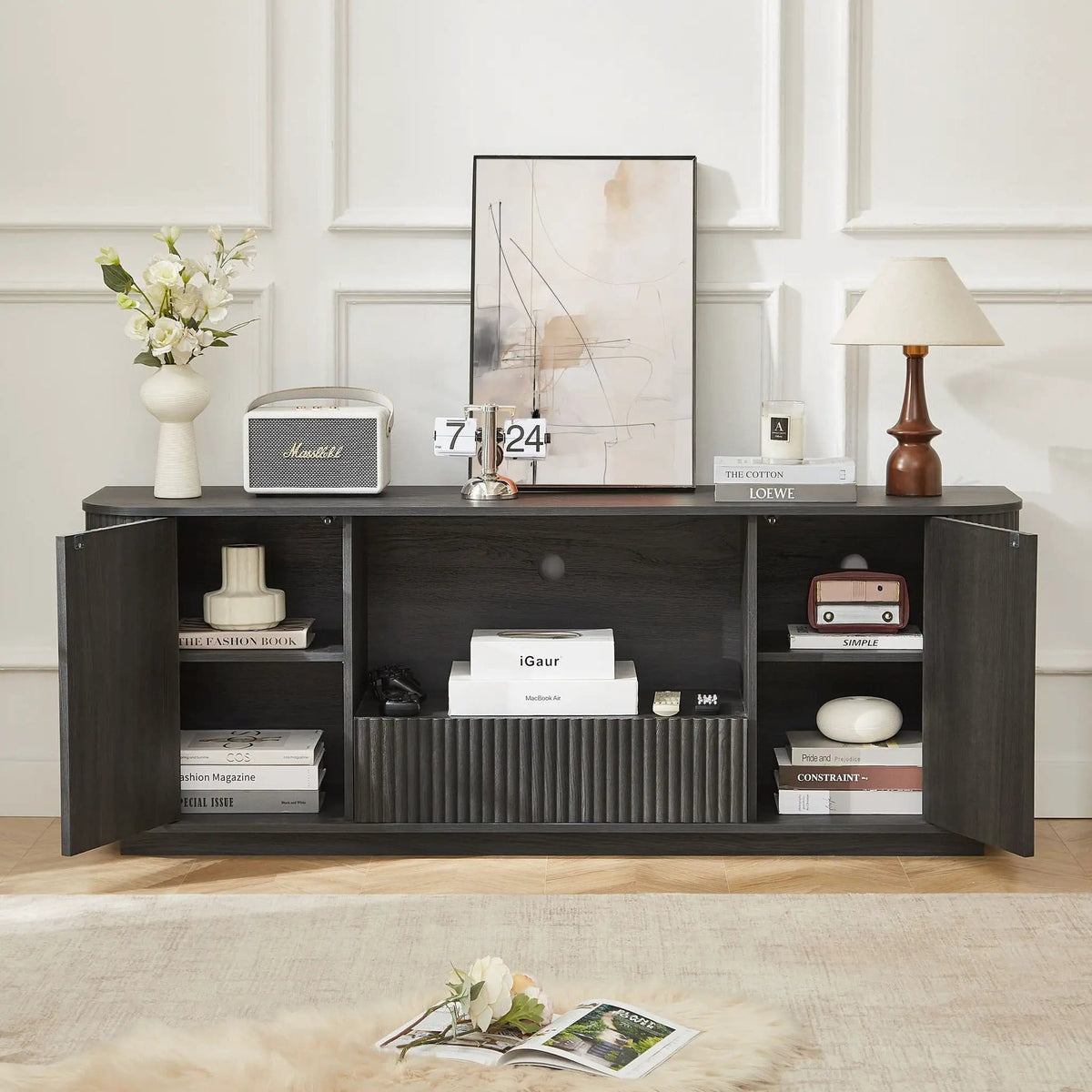 Modern Wavy TV Stand Rounded Sideboard With Storage Cabinet | 2 Pieces | Particleboard | Dining Room