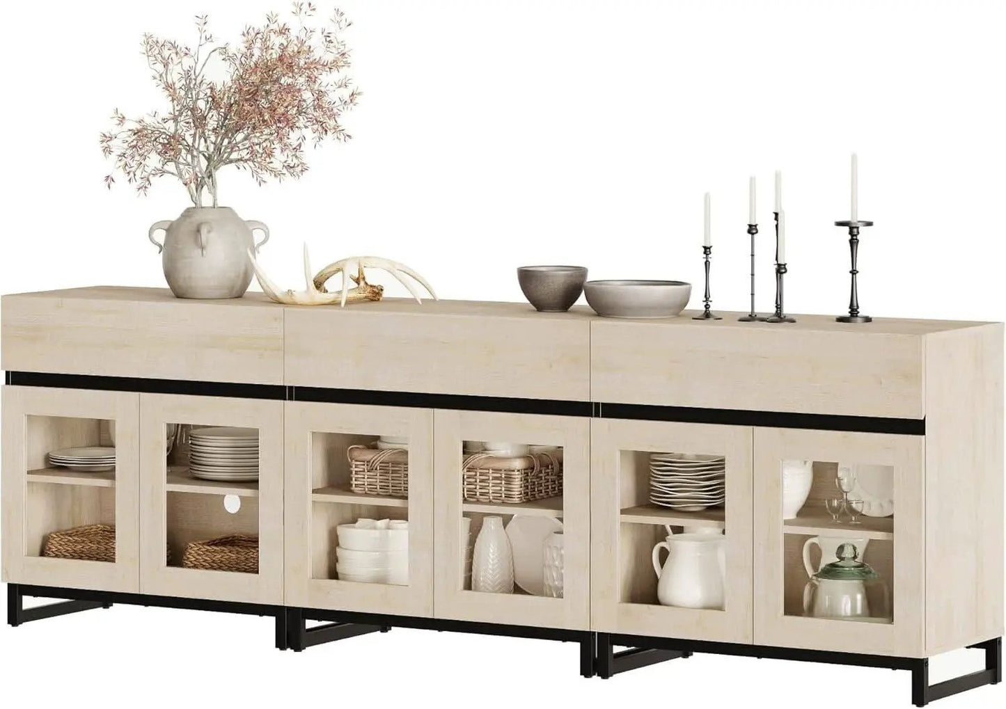 Light Oak Glass Doors Sideboard With Drawers For Dining from PriceLows™