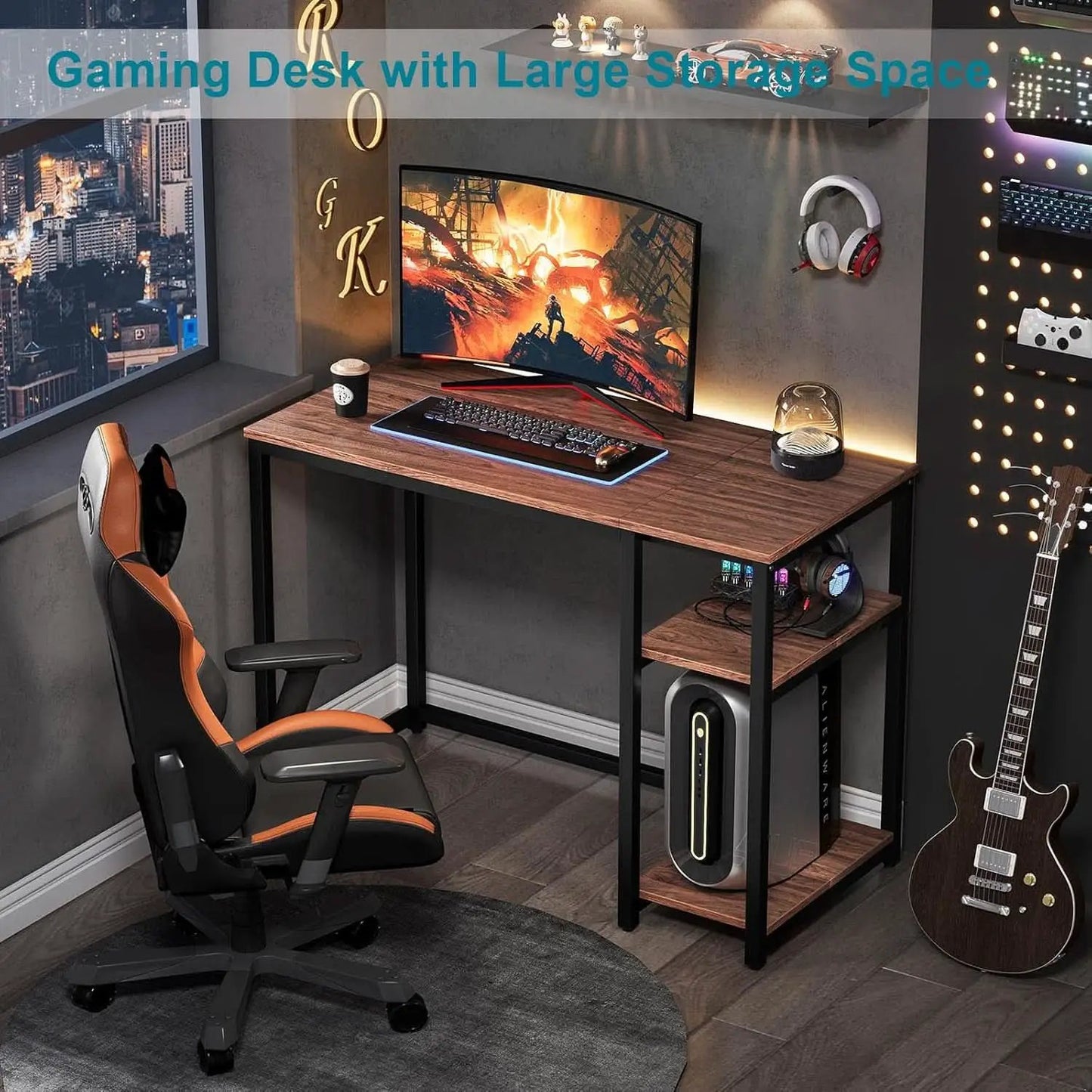 40 Inch Computer Desk With 2 Shelves Brown Sturdy Home Office Gaming Desk from PriceLows™