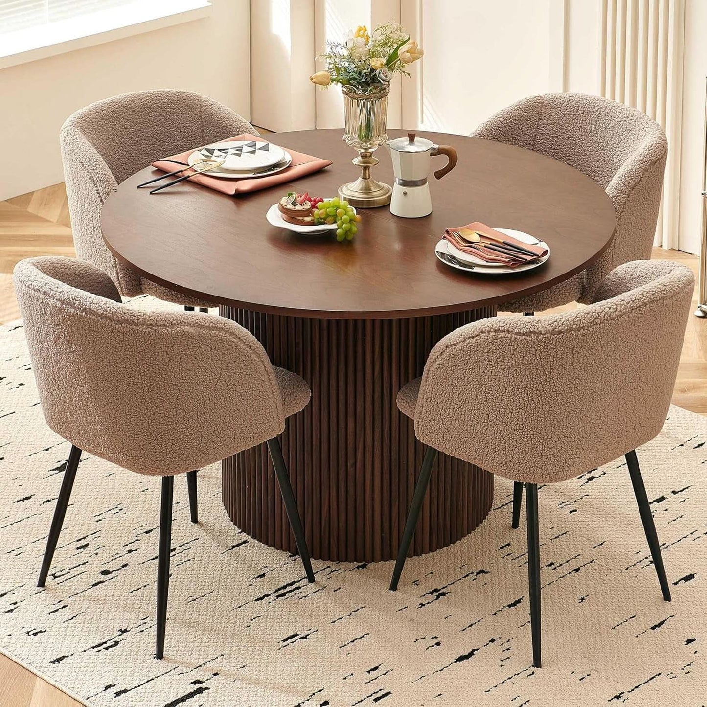 Forty Seven Inch Round Dining Table Set Walnut Finish Woodgrain Chairs from PriceLows™