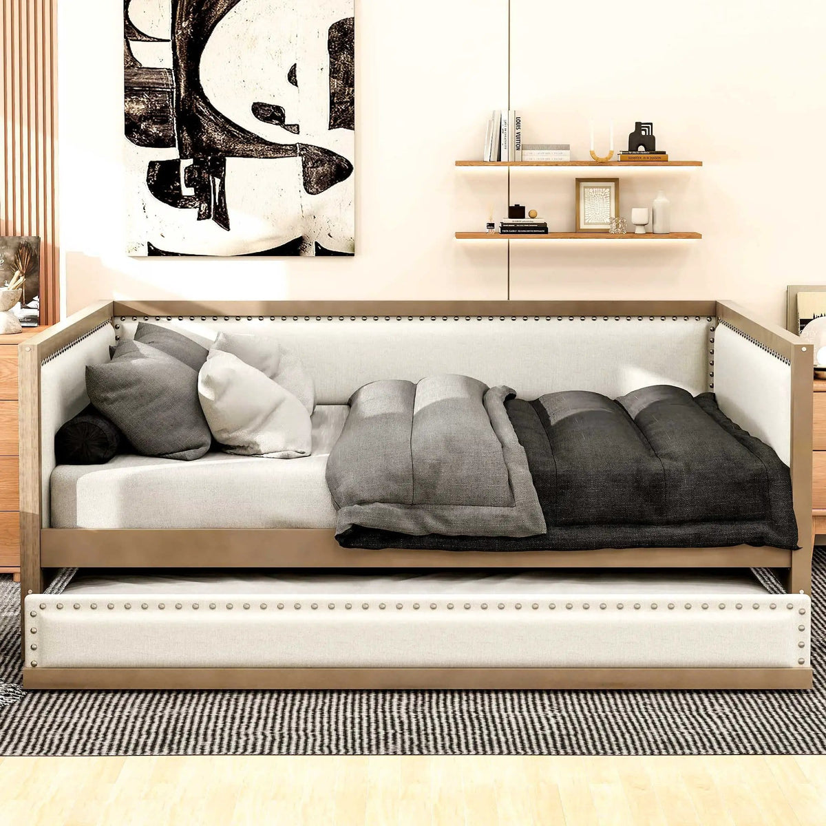 Full Size Daybed With Trundle And Nailhead Decoration Wood | 79.5 x 56.8 x 33 in | Pine Wood & Linen | Bedroom