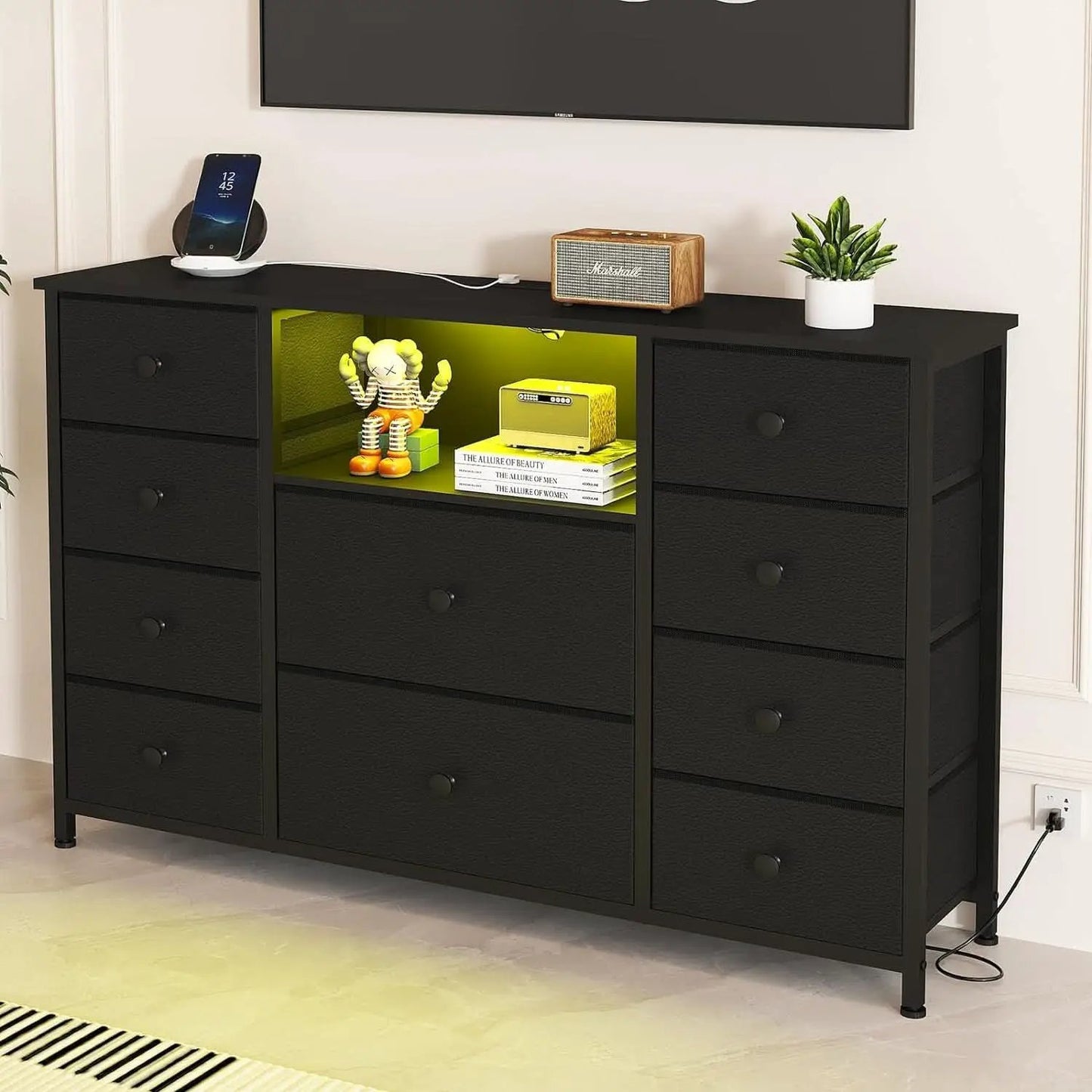 Black Dresser With Charging Station And LED Lights from PriceLows™