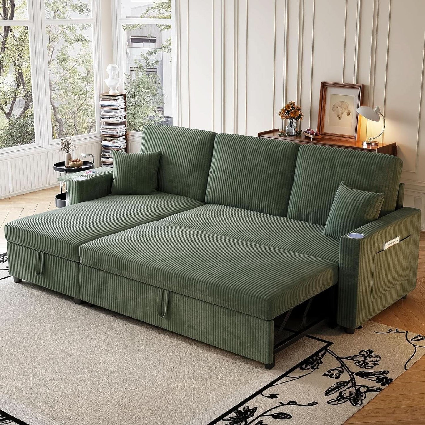 Luxurious Corduroy Green 83-Inch Sleeper Sectional Sofa from PriceLows™