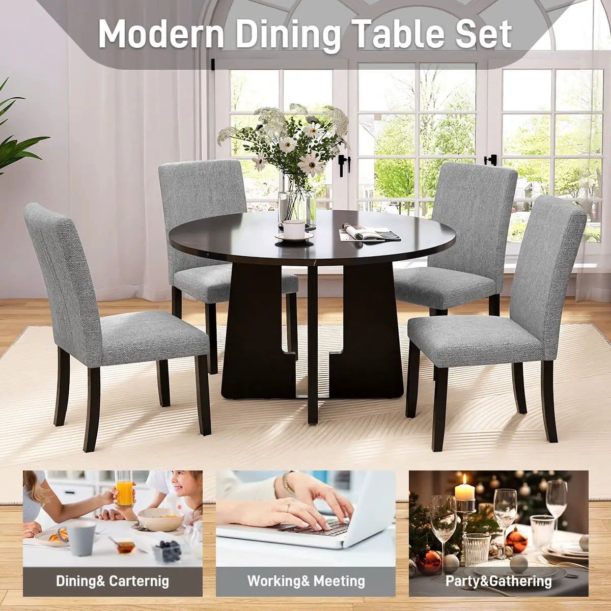5 Piece Round Dining Table Set, Modern Table And 4 Upholstered Chairs For Dining Room | 5-Piece Set | Marble & Veneer | Dining Room
