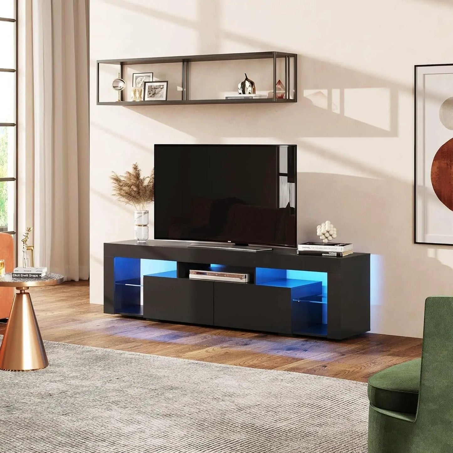 63 Inch Black LED TV Stand With 2 Drawers For Living Room from PriceLows™