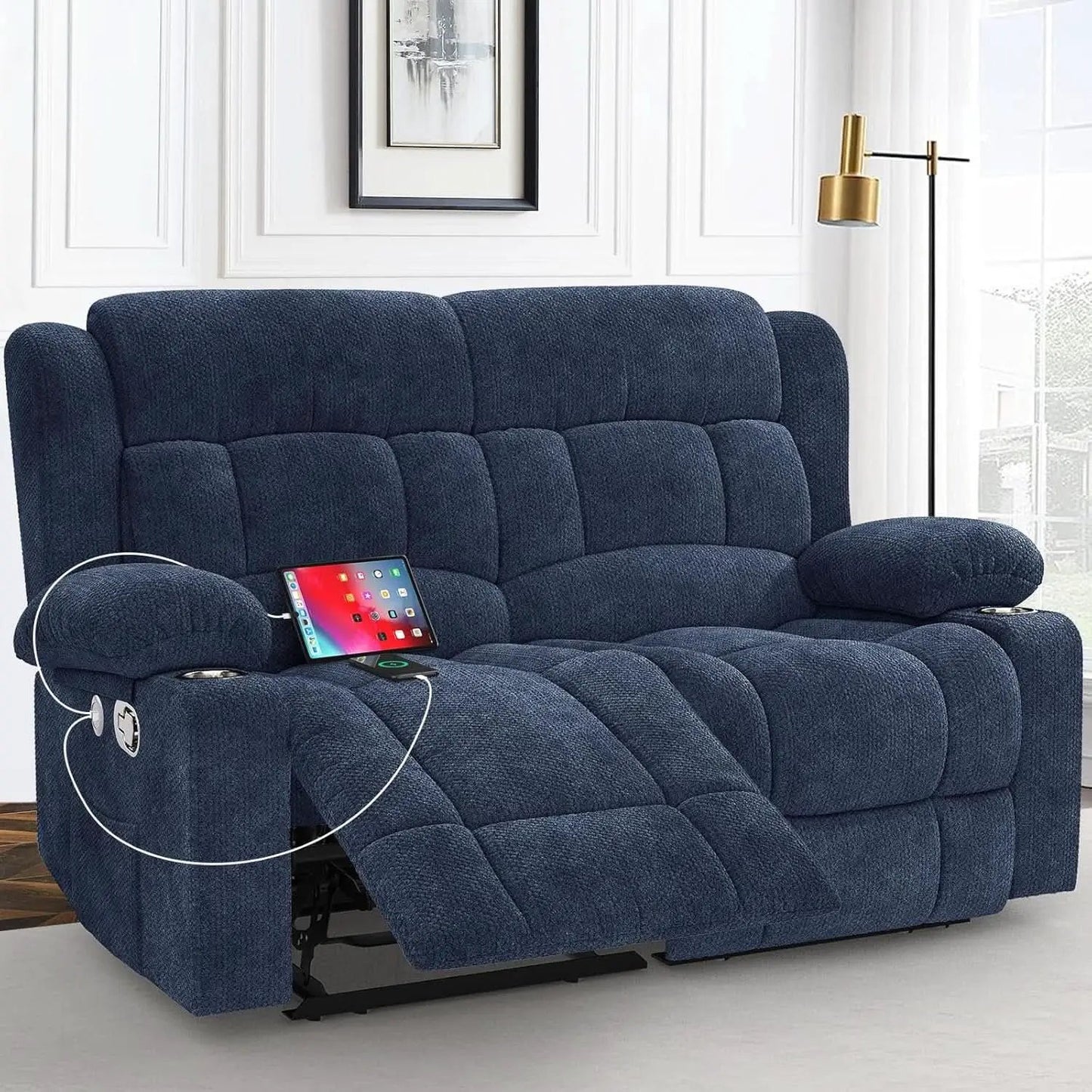 Blue Fabric Reclining Loveseat With USB Ports For Living Room from PriceLows™