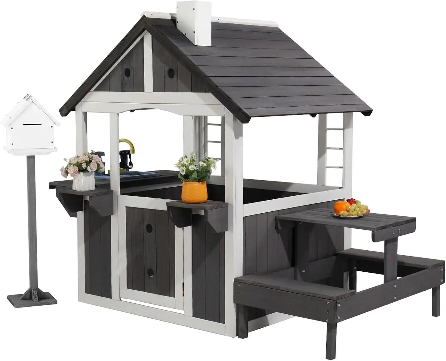 Wooden Outdoor Playhouse Gray White Integrated Sink from PriceLows™