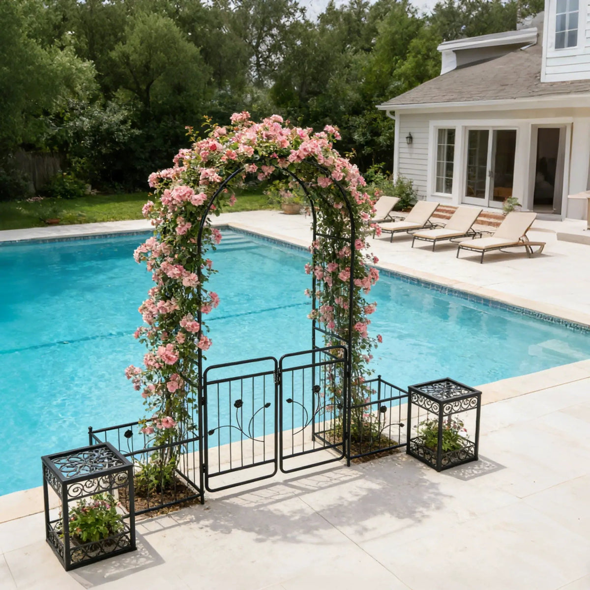 Wide Metal Garden Arch With Gate | Black | 79.5 Inch Width | 86.6 Inch Height