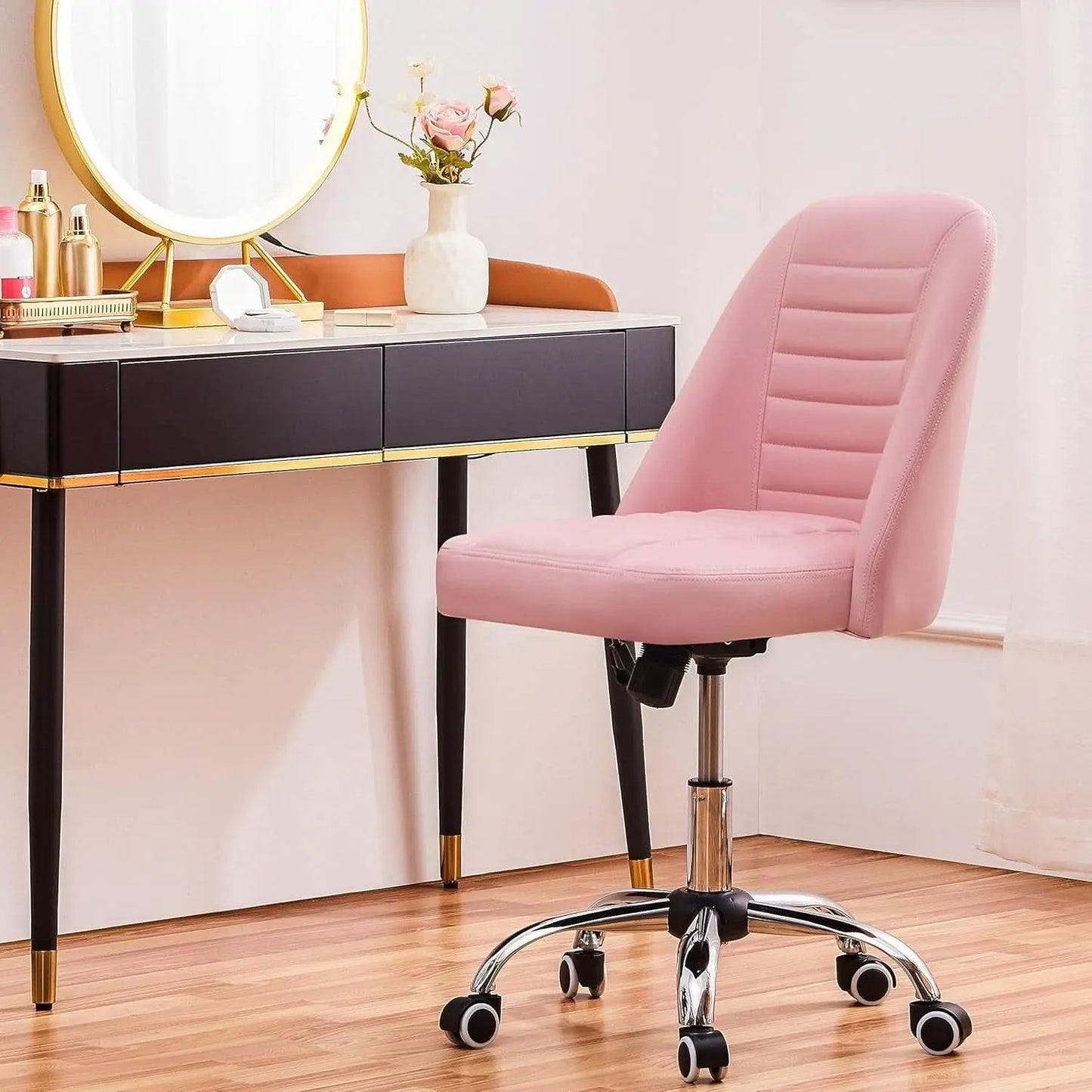 Pink PU Leather Armless Office Chair With Rolling Wheels from PriceLows™